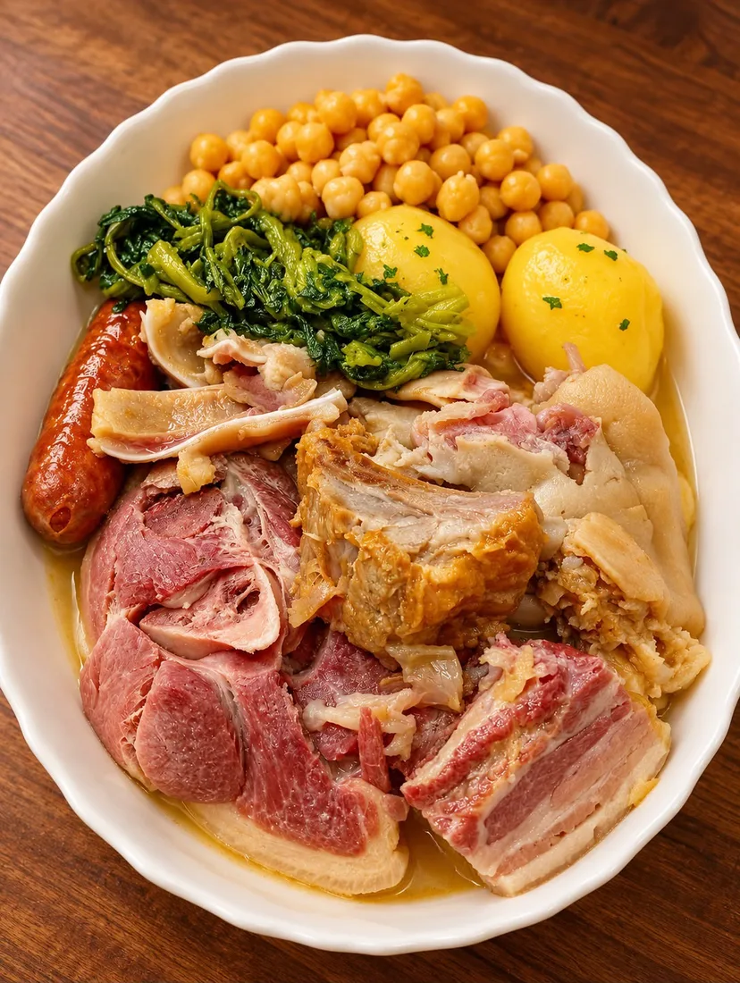 Cocido gallego servido en fuente, con garbanzos, grelos, patata, chorizo, lacón y cerdo