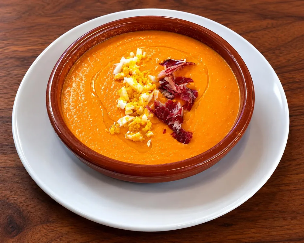 Salmorejo con jamón y huevo