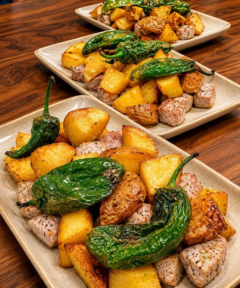 Zorza con patatas y pimientos de Padrón